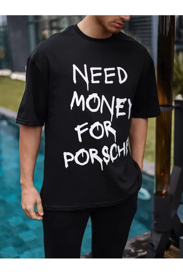 Erkek Bisiklet Yaka Baskılı Oversize T-Shirt - Siyah