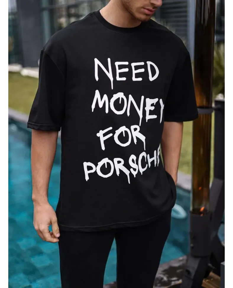 Erkek Bisiklet Yaka Baskılı Oversize T-Shirt - Siyah