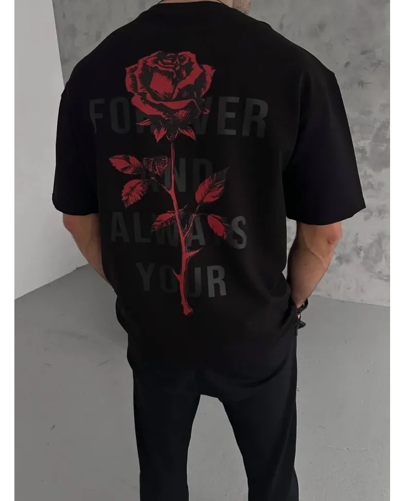 Erkek Bisiklet Yaka Baskılı Oversize T-Shirt - Siyah