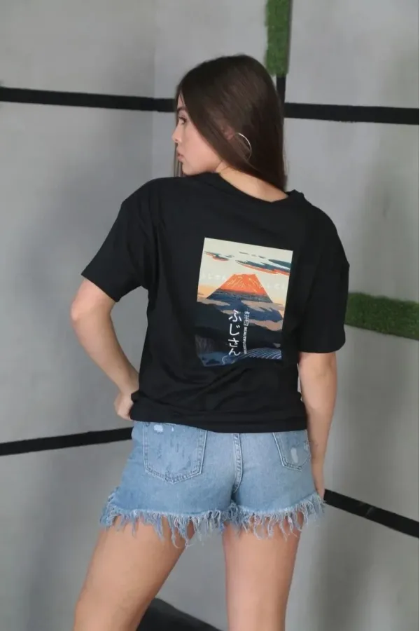 Kadın Bisiklet Yaka Baskılı Oversize T-Shirt - Siyah