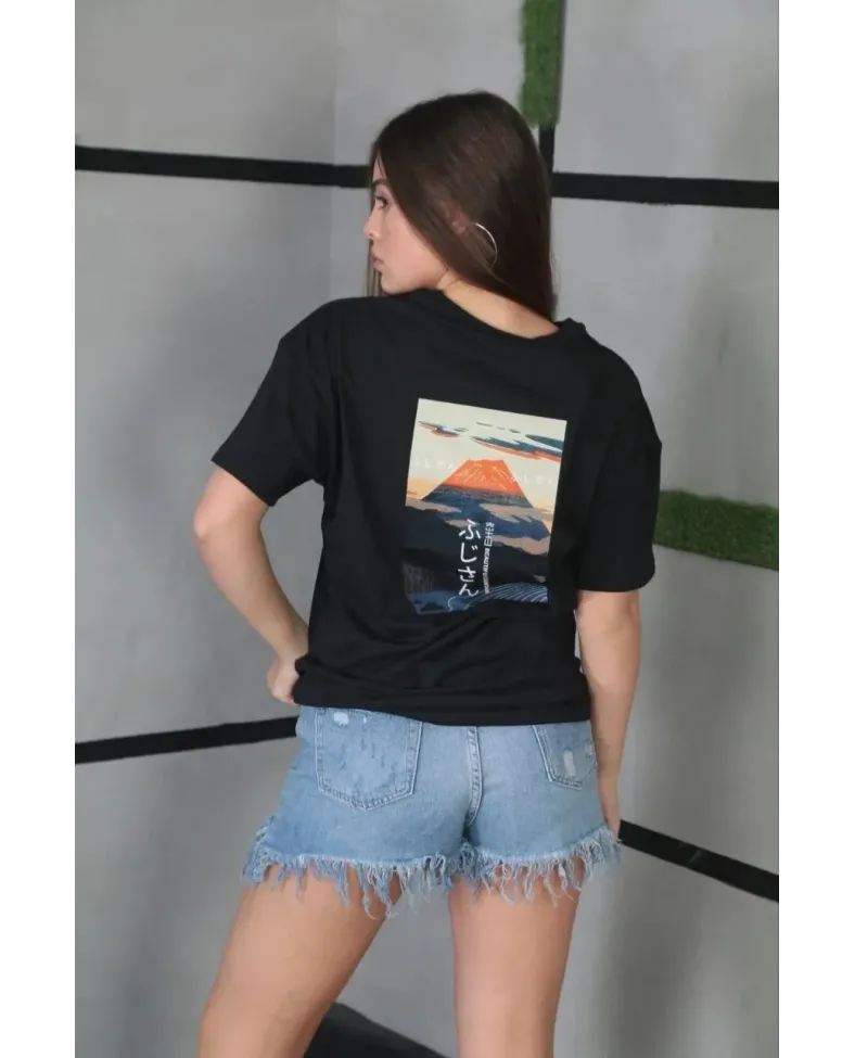 Kadın Bisiklet Yaka Baskılı Oversize T-Shirt - Siyah