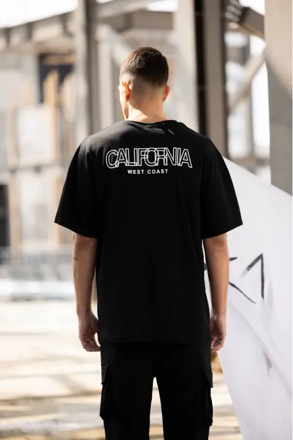 ERKEK Bisiklet Yaka Baskılı Oversize T-Shirt - Siyah