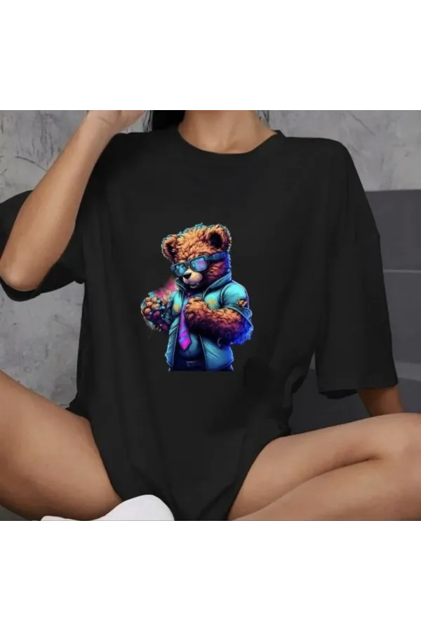 kadın Bisiklet Yaka Baskılı Oversize T-Shirt - Siyah