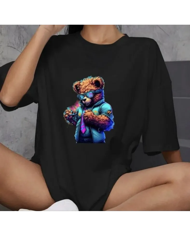 kadın Bisiklet Yaka Baskılı Oversize T-Shirt - Siyah