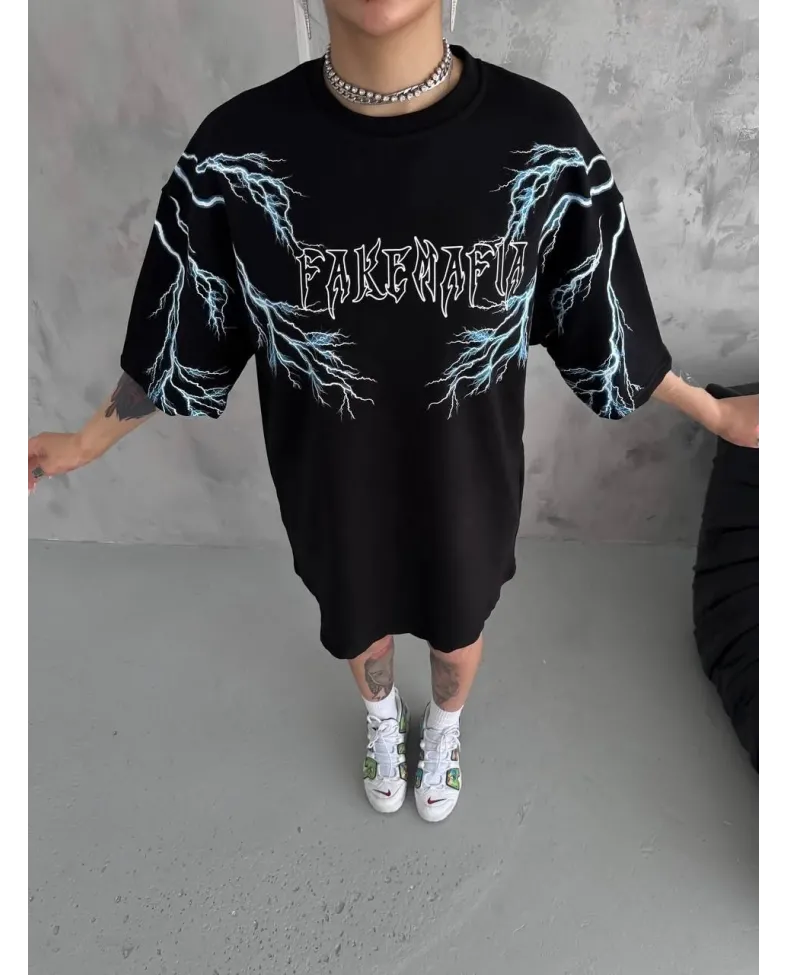 Kadın Bisiklet Yaka Yıldırım Baskılı Oversize T-Shirt - Siyah