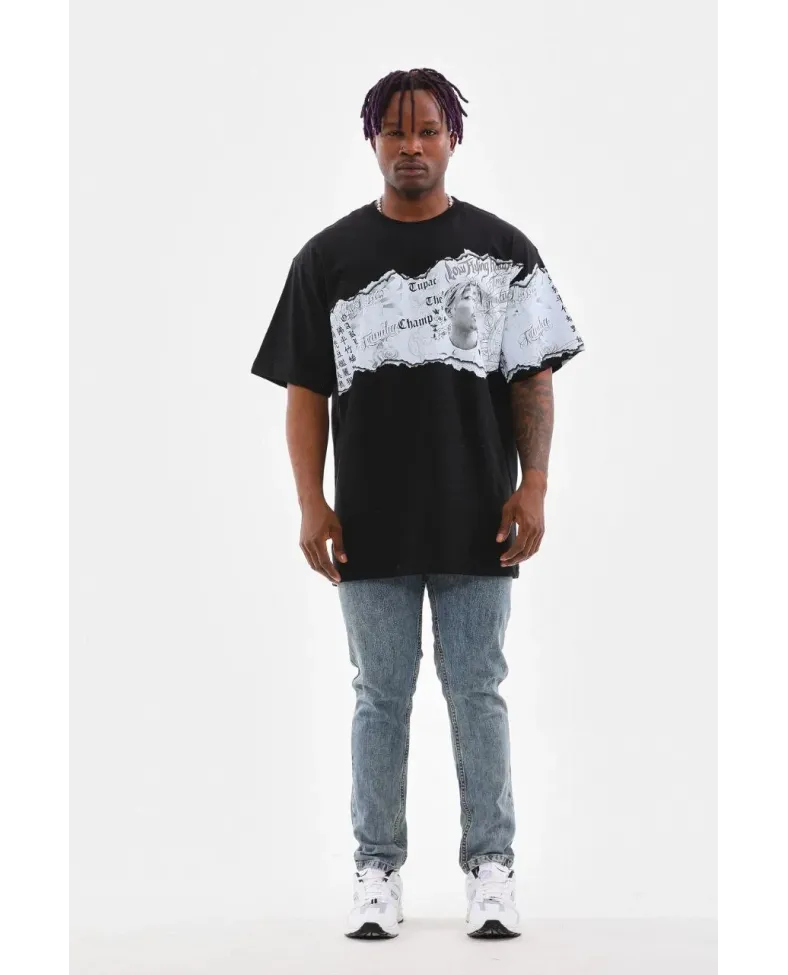 Erkek  Bisiklet Yaka Baskılı Oversize T-Shirt - Siyah