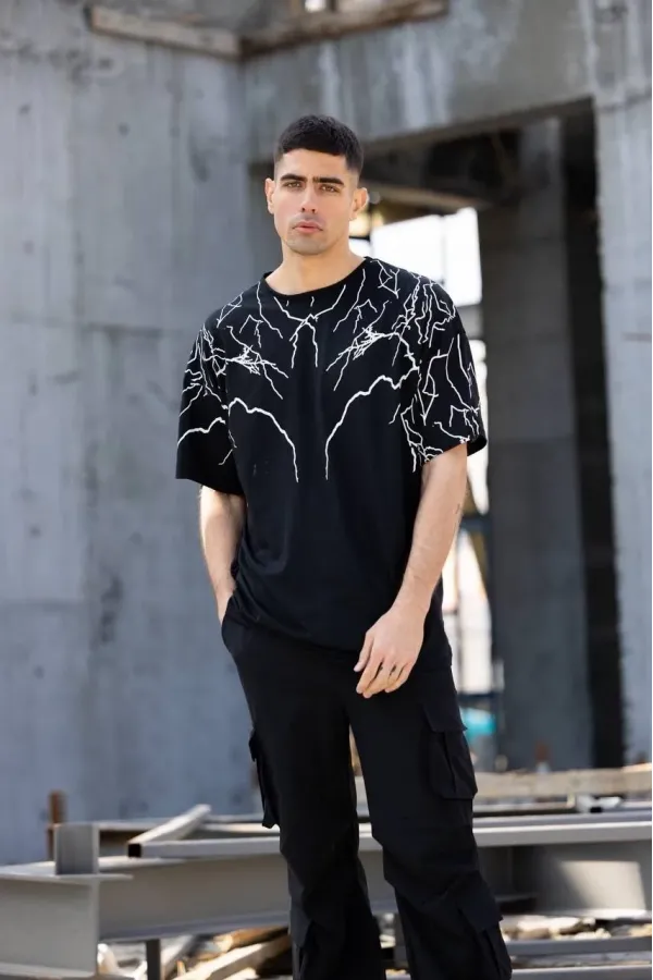 ERKEK Bisiklet Yaka Baskılı Oversize T-Shirt - Siyah