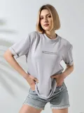 Kadın Bisiklet Yaka Baskılı Slim Fit T-Shirt - Boyalı Gri