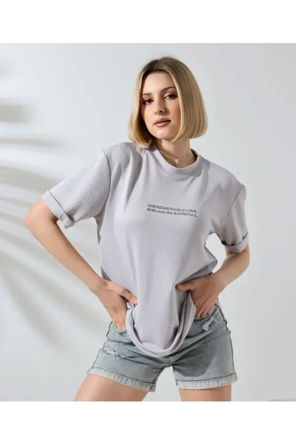 Kadın Bisiklet Yaka Baskılı Slim Fit T-Shirt - Boyalı Gri