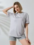 Kadın Bisiklet Yaka Baskılı Slim Fit T-Shirt - Boyalı Gri