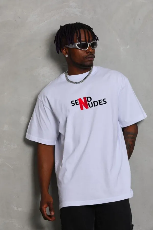 ERKEK Bisiklet Yaka Double Oversize Baskılı T-Shirt - Beyaz