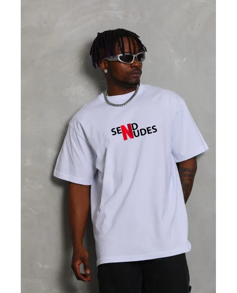 ERKEK Bisiklet Yaka Double Oversize Baskılı T-Shirt - Beyaz