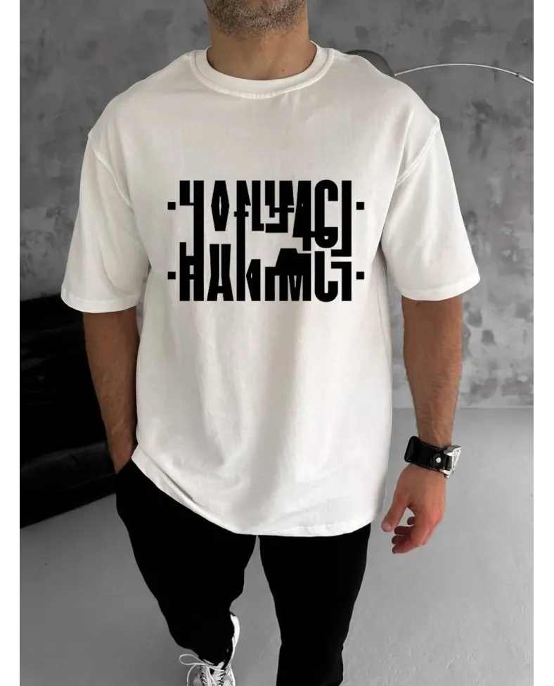 Erkek Bisiklet Yaka Katlanan Baskılı T-Shirt - Beyaz