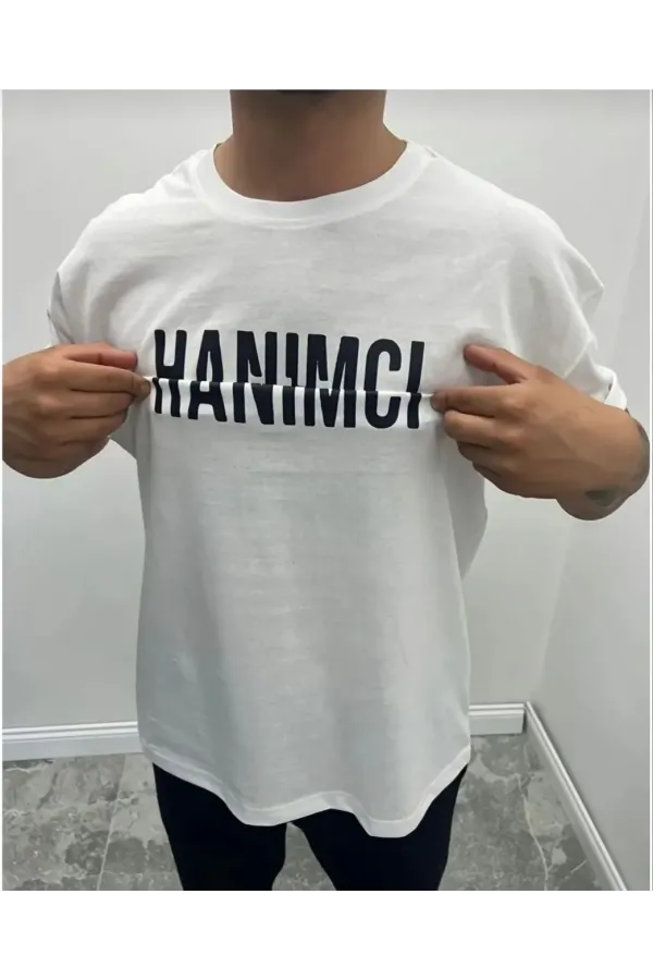 Erkek Bisiklet Yaka Katlanan Baskılı T-Shirt - Beyaz