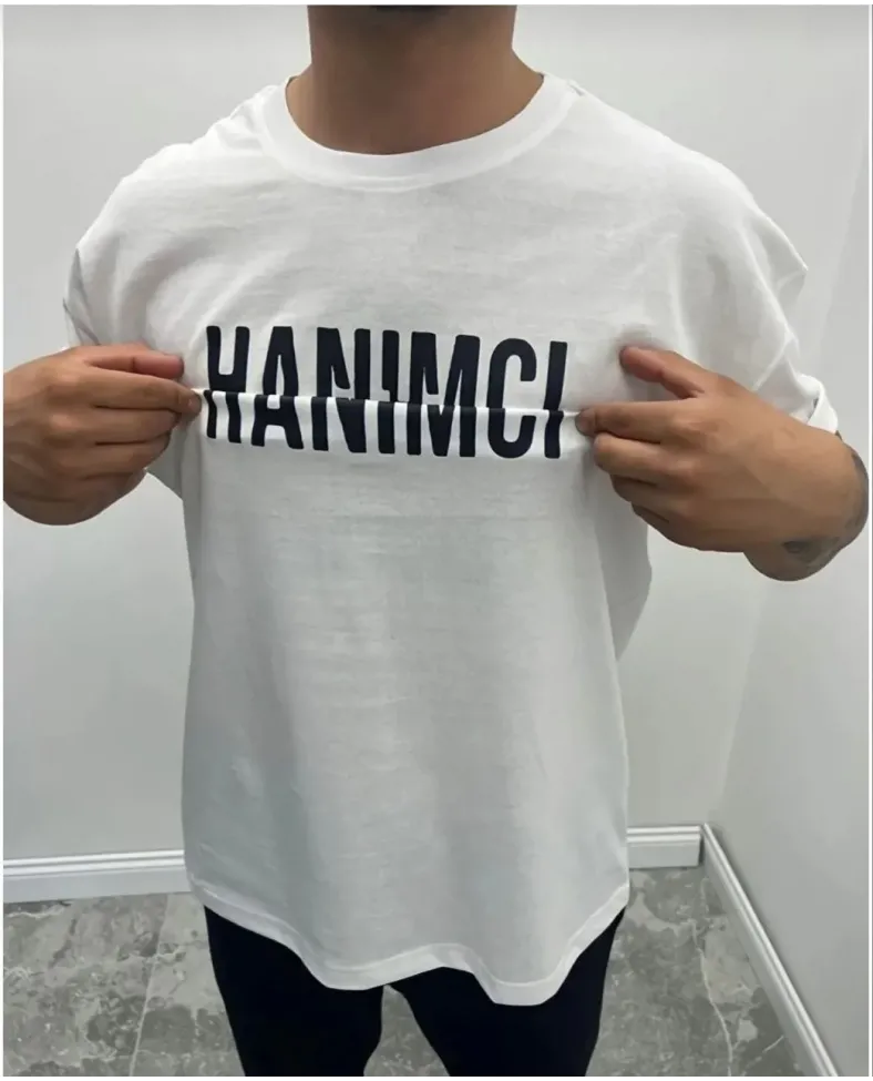 Erkek Bisiklet Yaka Katlanan Baskılı T-Shirt - Beyaz