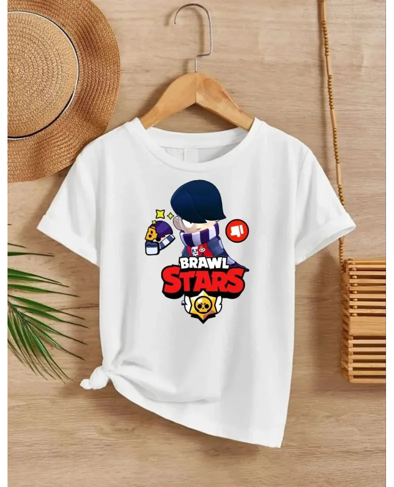 Unisex Bisiklet Yaka Kısa Kol Baskılı Çocuk T-Shirt - Beyaz