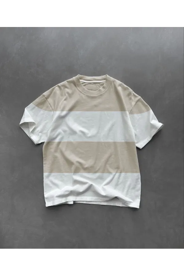 Erkek  Kısa kol  Bisiklet Yaka Parçalı T-Shirt - Bej