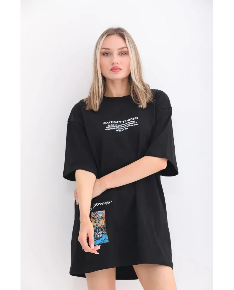 kadın  Bisiklet Yaka Baskılı Oversize T-Shirt - Siyah