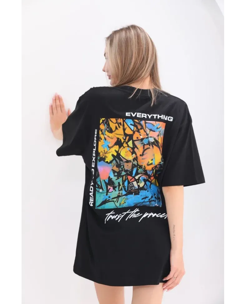 kadın  Bisiklet Yaka Baskılı Oversize T-Shirt - Siyah