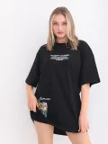 kadın  Bisiklet Yaka Baskılı Oversize T-Shirt - Siyah
