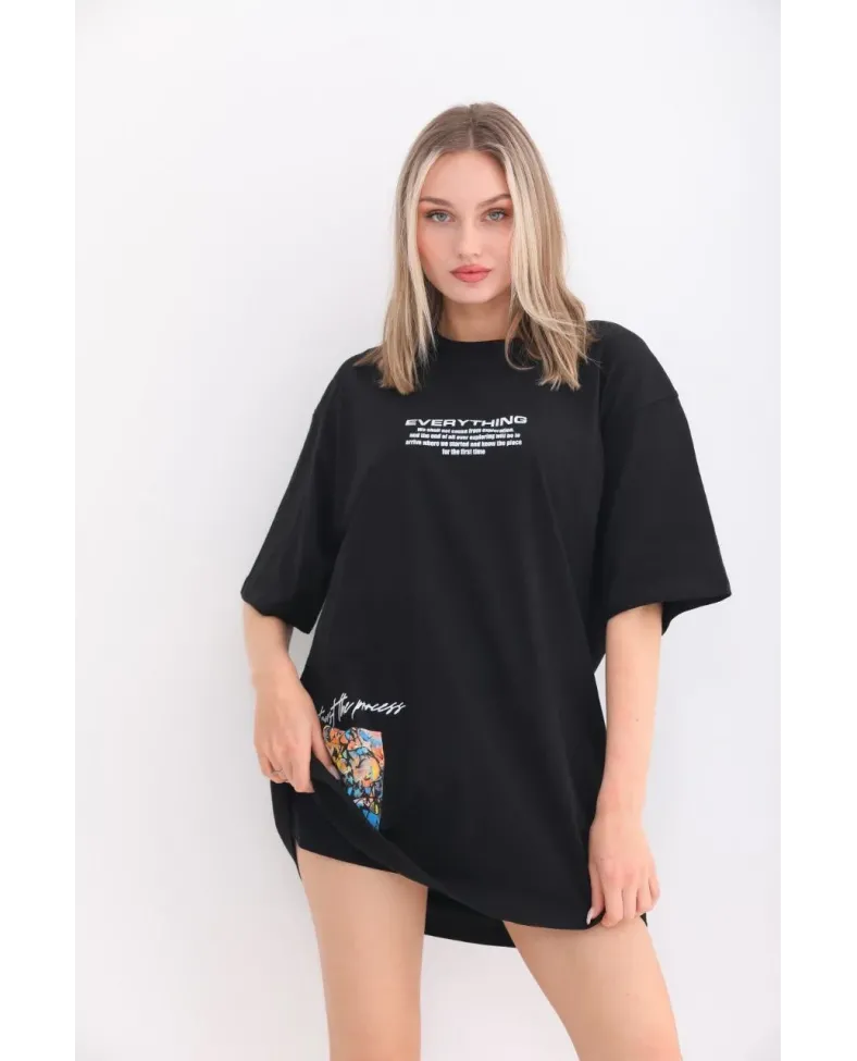 kadın  Bisiklet Yaka Baskılı Oversize T-Shirt - Siyah