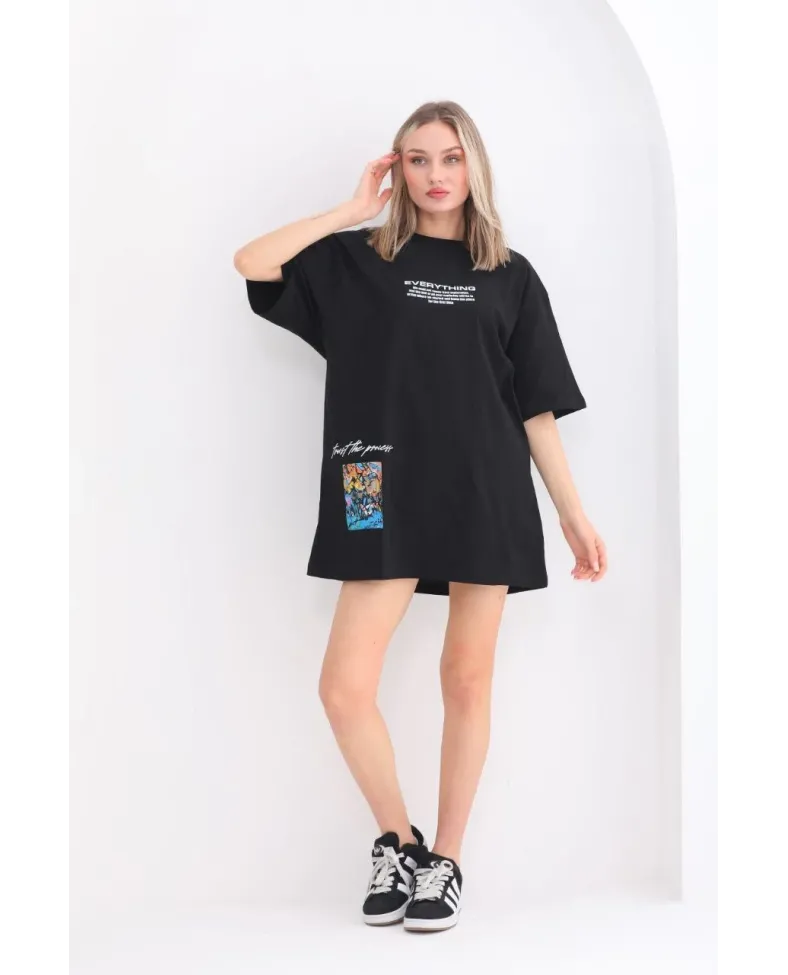 kadın  Bisiklet Yaka Baskılı Oversize T-Shirt - Siyah
