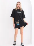 kadın  Bisiklet Yaka Baskılı Oversize T-Shirt - Siyah