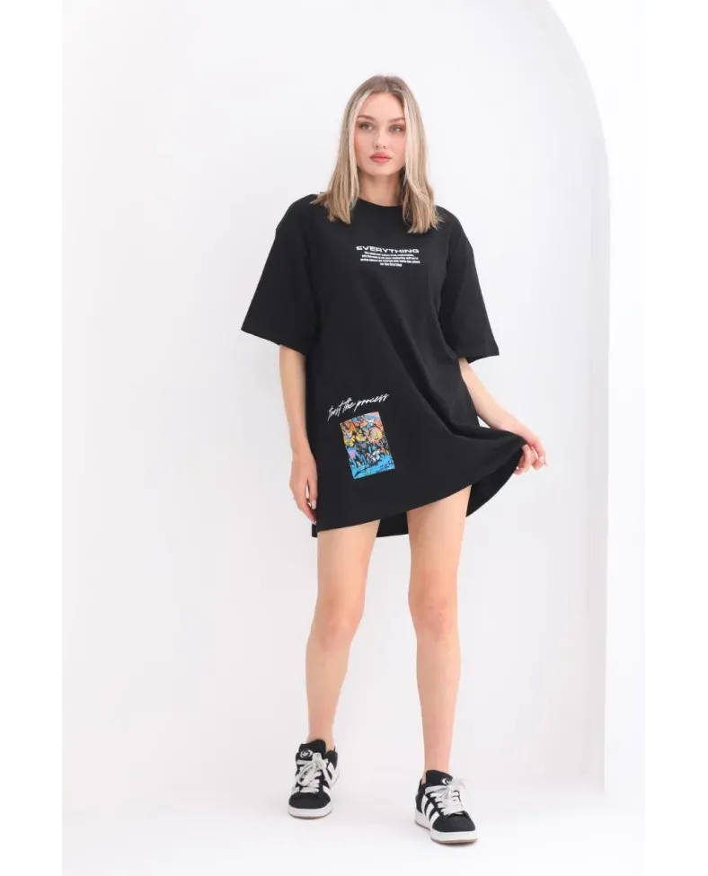 kadın  Bisiklet Yaka Baskılı Oversize T-Shirt - Siyah