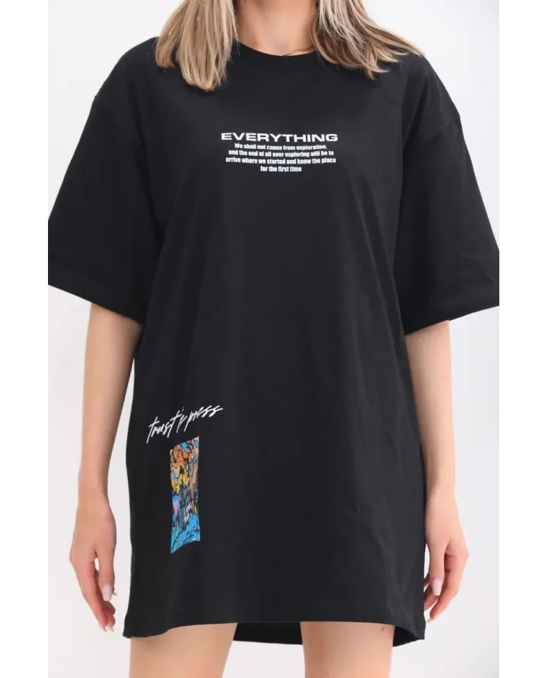 kadın  Bisiklet Yaka Baskılı Oversize T-Shirt - Siyah