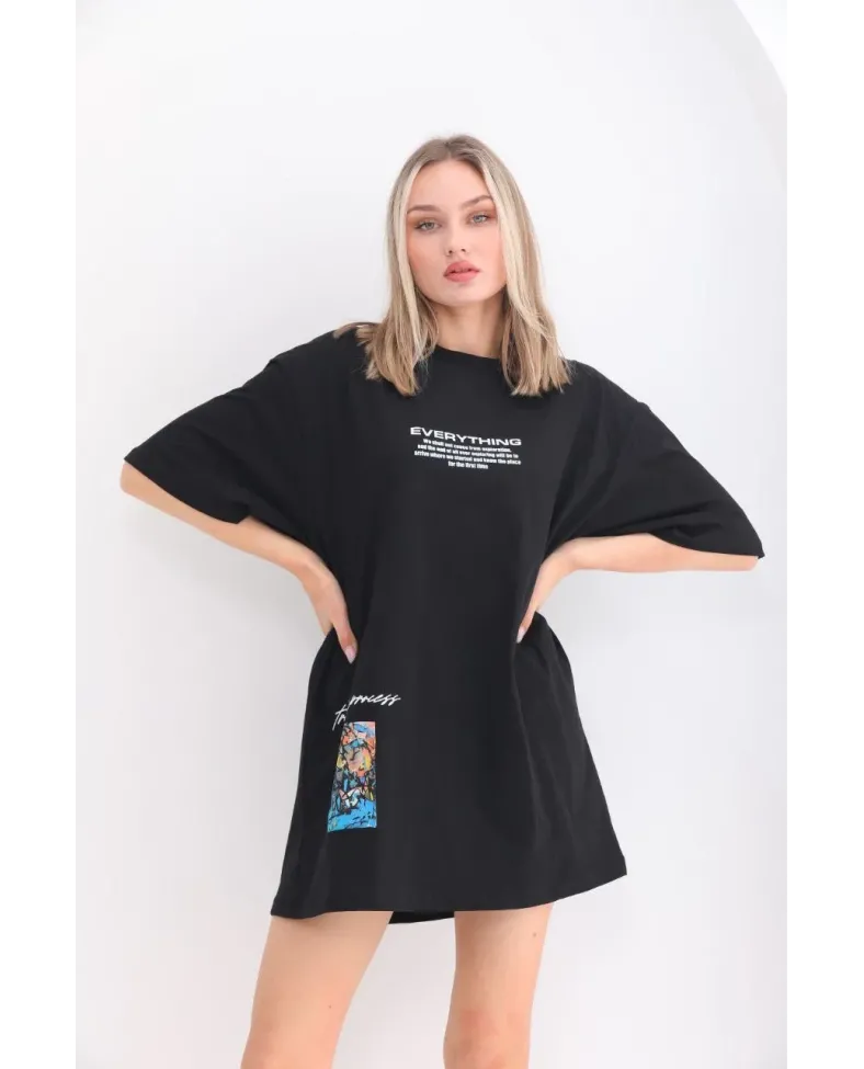 kadın  Bisiklet Yaka Baskılı Oversize T-Shirt - Siyah