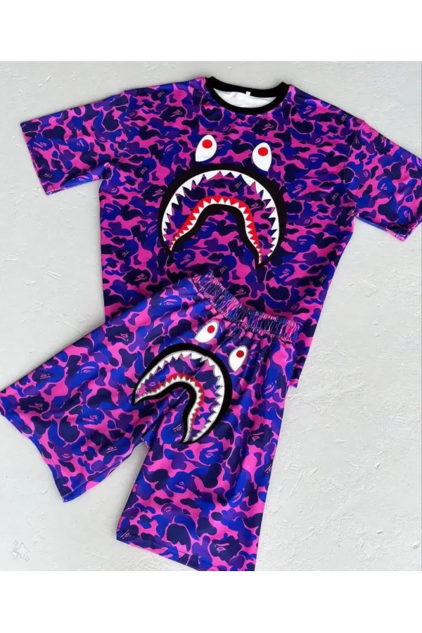 Unisex Çocuk Dijital Baskılı Şortlu Takım - Mor