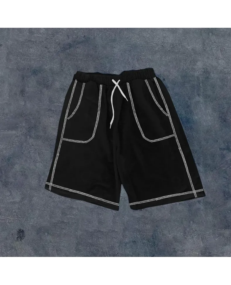 Erkek  Dikişli Cepli Oversize Şort - Siyah