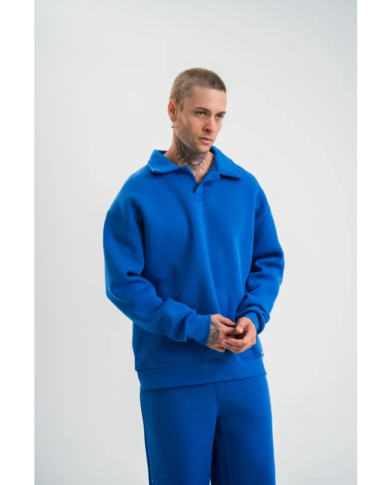 Erkek Patlı Yaka Üç İplik Pamuklu Sweatshirt Double Oversize Rahat Kalıp Günlük Kullanım - Mavi