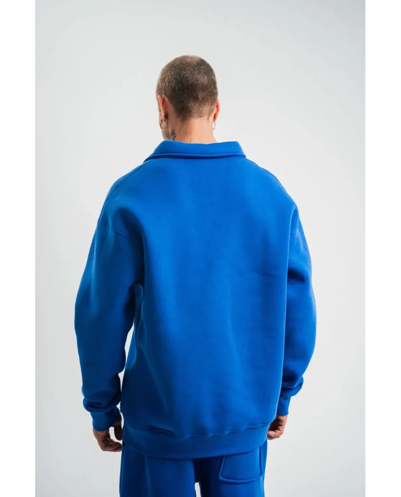 Erkek Patlı Yaka Üç İplik Pamuklu Sweatshirt Double Oversize Rahat Kalıp Günlük Kullanım - Mavi