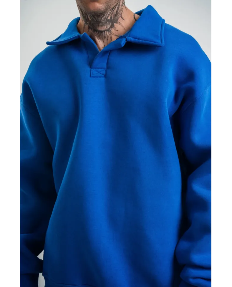 Erkek Patlı Yaka Üç İplik Pamuklu Sweatshirt Double Oversize Rahat Kalıp Günlük Kullanım - Mavi