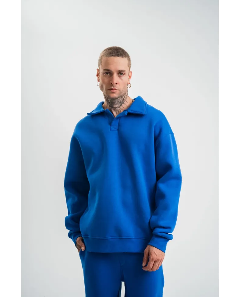 Erkek Patlı Yaka Üç İplik Pamuklu Sweatshirt Double Oversize Rahat Kalıp Günlük Kullanım - Mavi