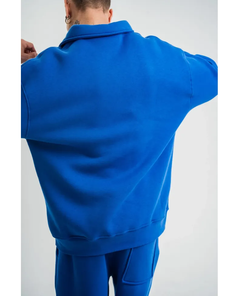 Erkek Patlı Yaka Üç İplik Pamuklu Sweatshirt Double Oversize Rahat Kalıp Günlük Kullanım - Mavi