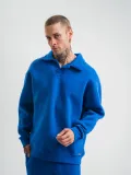 Erkek Patlı Yaka Üç İplik Pamuklu Sweatshirt Double Oversize Rahat Kalıp Günlük Kullanım - Mavi