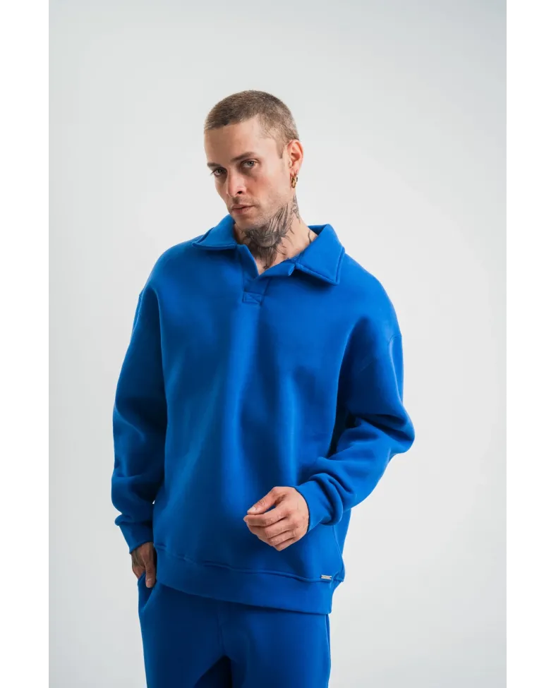 Erkek Patlı Yaka Üç İplik Pamuklu Sweatshirt Double Oversize Rahat Kalıp Günlük Kullanım - Mavi