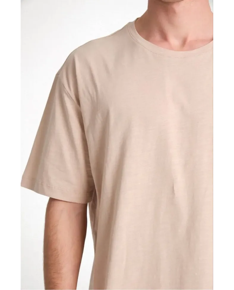ERKEK Düz Biskilet Yaka Oversize T-shirt - Bej
