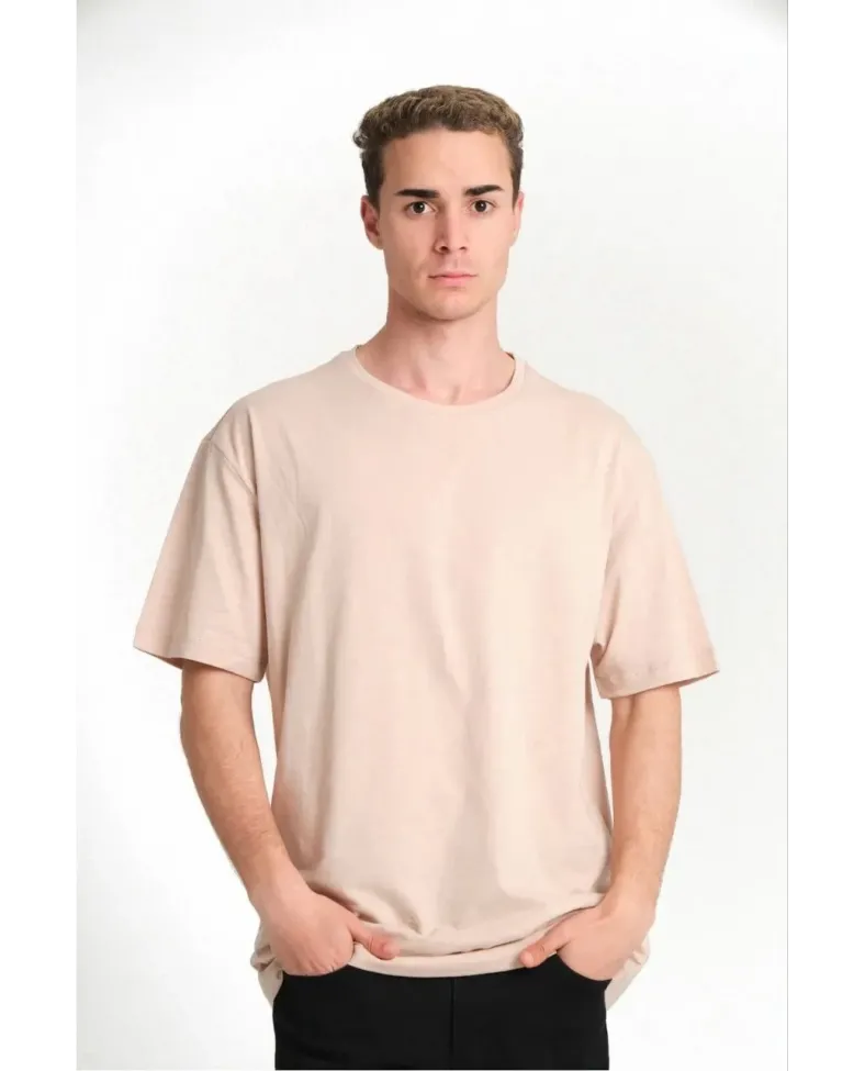 ERKEK Düz Biskilet Yaka Oversize T-shirt - Bej
