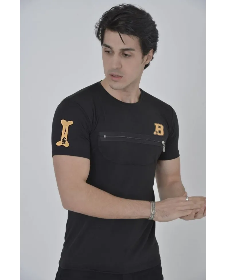 ERKEK Göğüs Fermuarlı Baskılı T-Shirt - Siyah