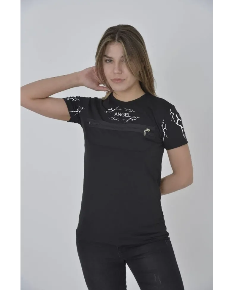 kadın Göğüs Fermuarlı Baskılı - Siyah