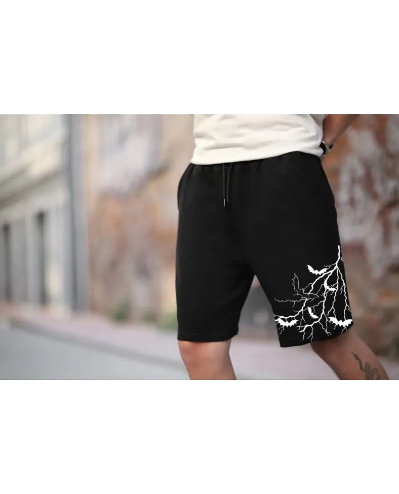 Unisex İki İplik Baskılı Oversize Şort - Siyah