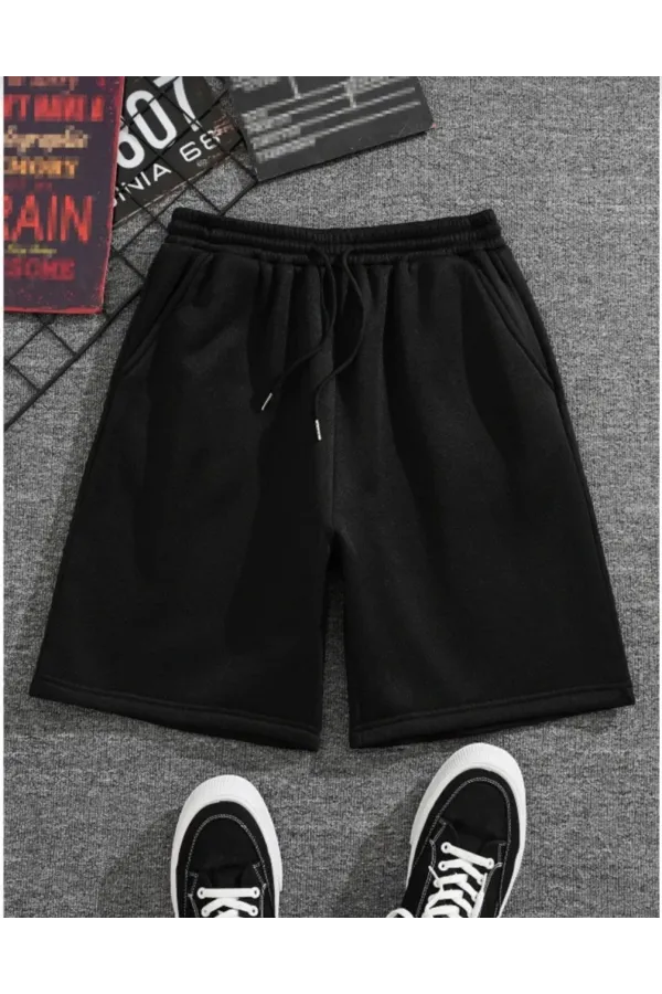 Unisex İki İplik Düz Oversize Şort - Siyah