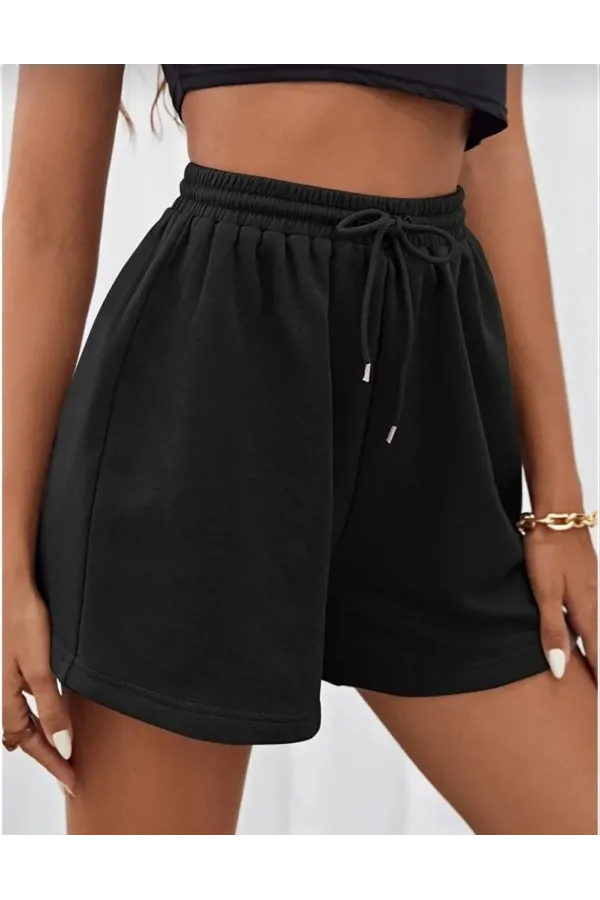 Unisex İki İplik Düz Oversize Şort - Siyah