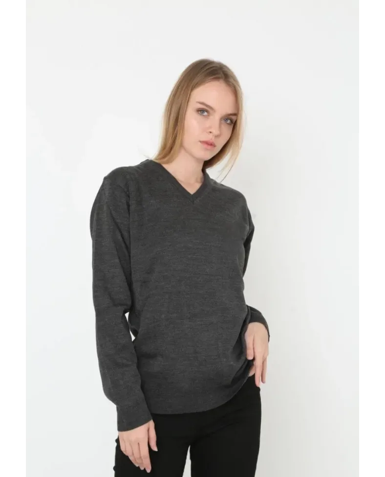 Kadın V Yaka Kazak Uzun Kol Düz Dokuma Triko - Antrasit Somersan Giyim | Kadın, Erkek ve Çocuk Moda
