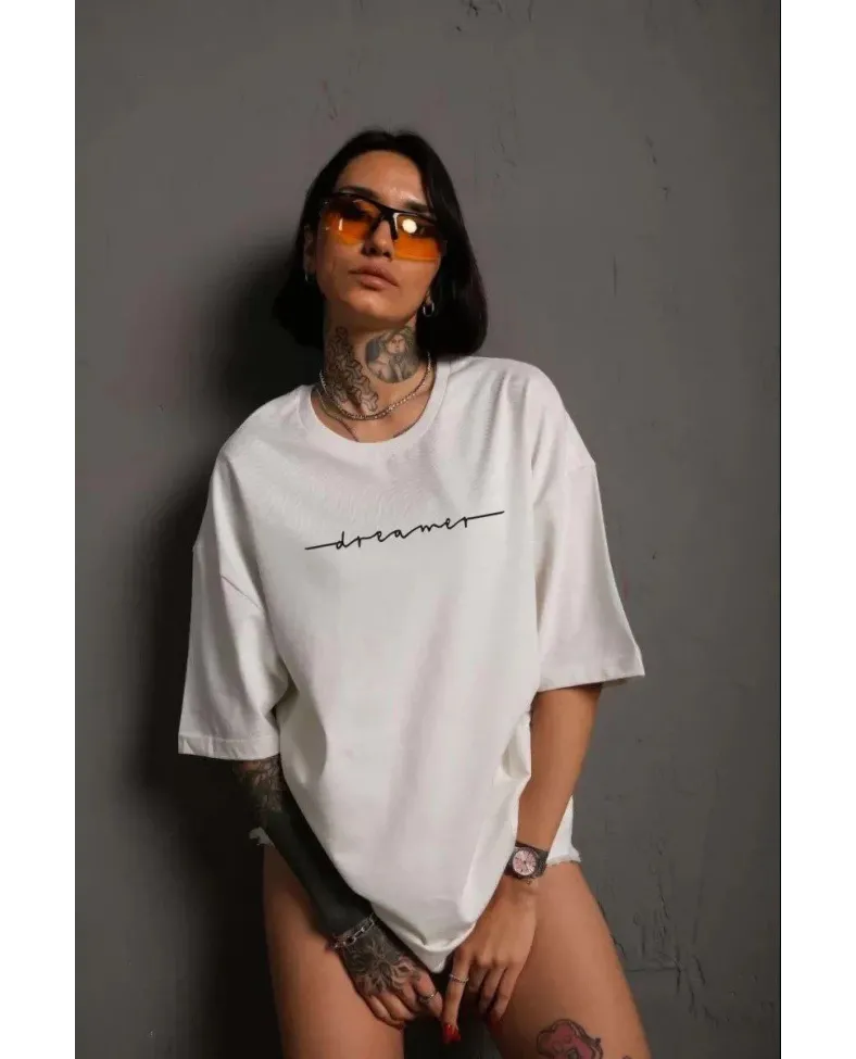 Kadın Bisiklet Yaka Baskılı T-Shirt - Beyaz