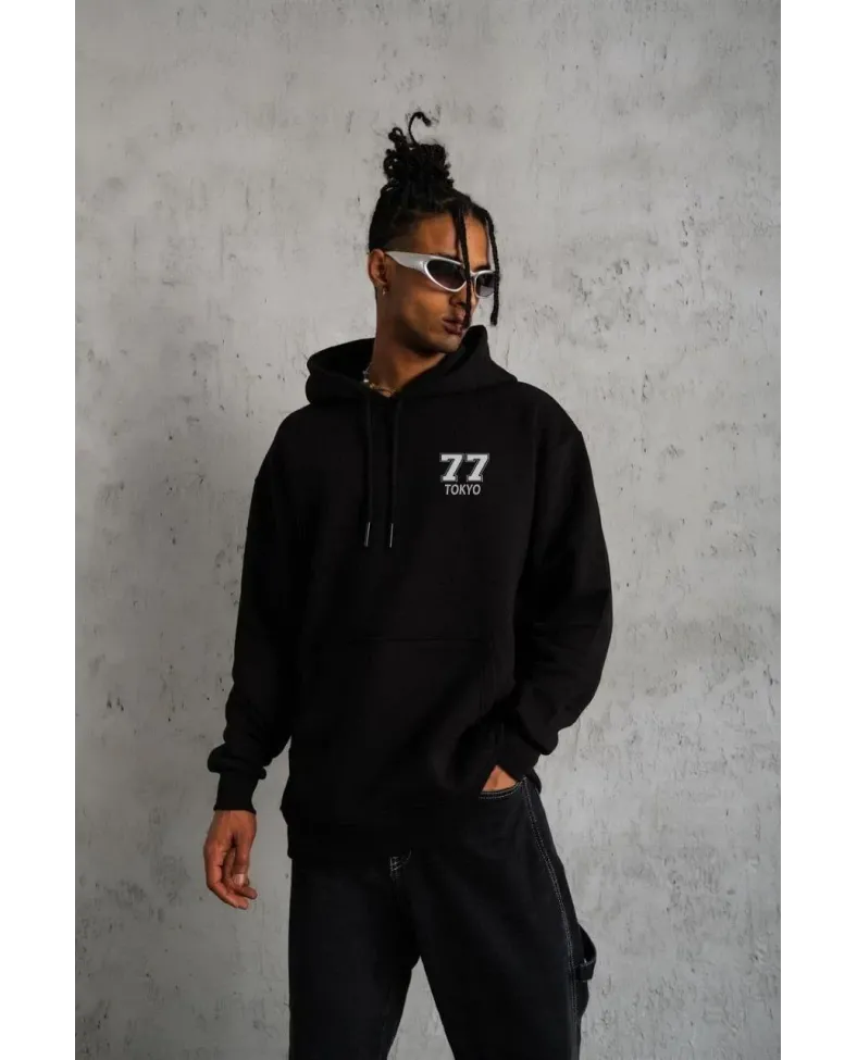 ERKEK Kapşonlu Baskılı Sweetshirt - Siyah