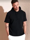 Erkek  Kapşonlu Kısa Kol Düz Oversize T-shirt - Siyah